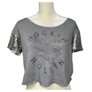 Hollister Rockin and Rollin Boxy Short Sequin Sleeves Gray Crop Top Size M